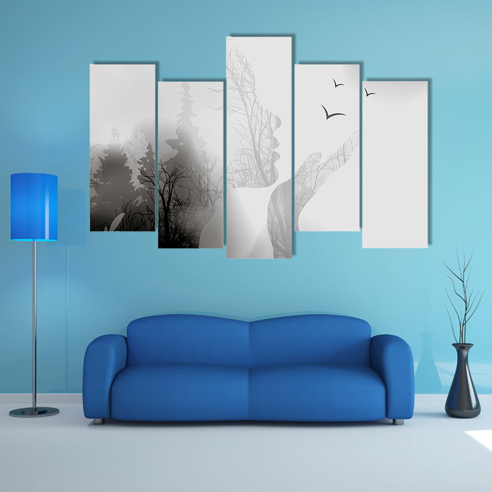 Woman Silhouette with Forest and Birds Canvas Wall Art
