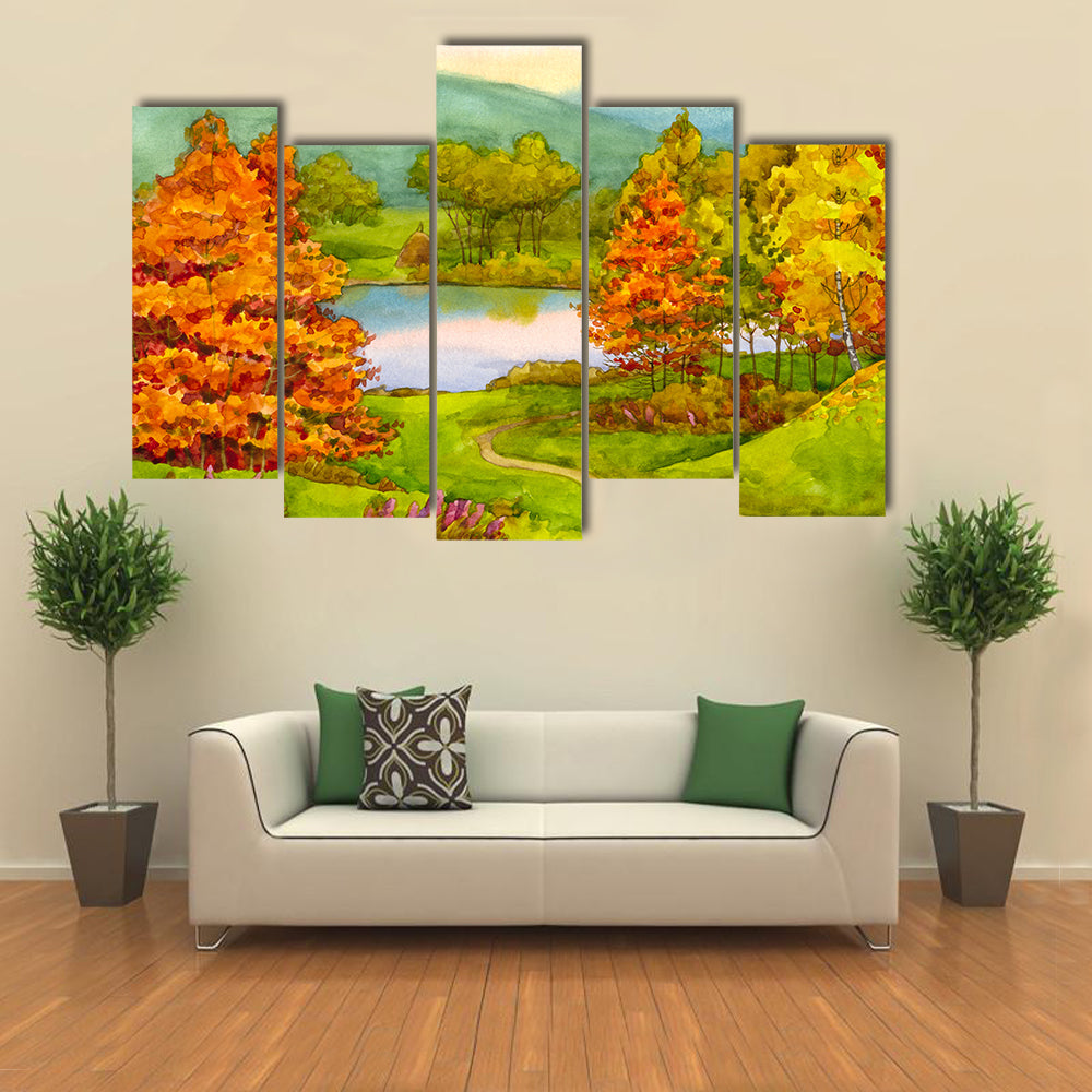 Watercolor Autumn Landscape with Winding Path Canvas Wall Art