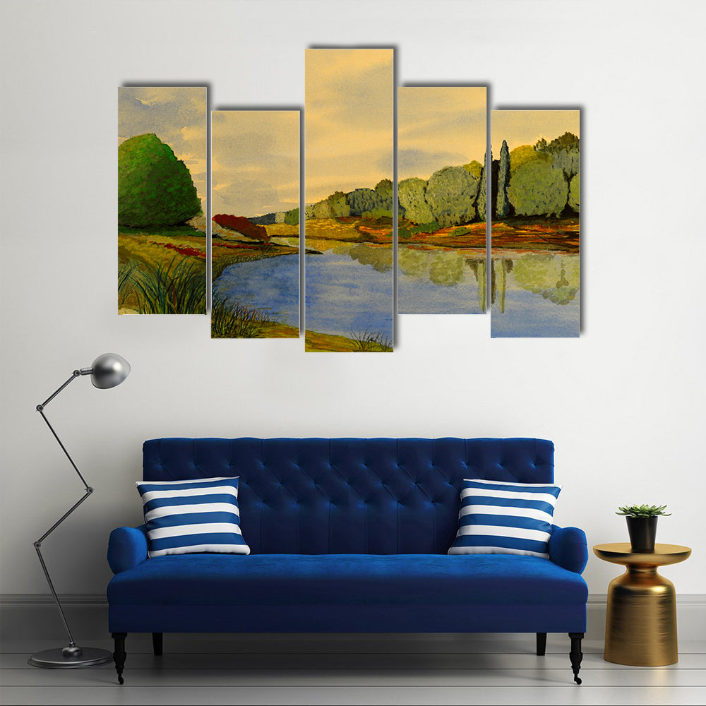 Golden River Bend Watercolor Canvas Wall Art
