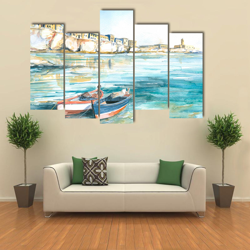 Two Rowboats in Sunny Coastal Watercolor Canvas Wall Art