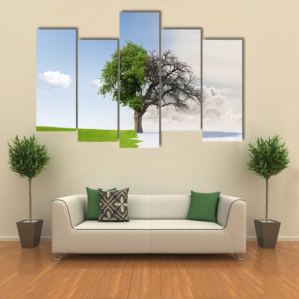 Tree Split Between Summer and Winter Canvas Wall Art
