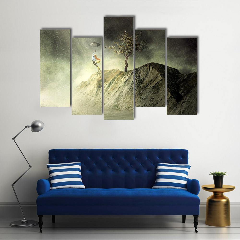 Person with Umbrella on Rainy Cliff Canvas Wall Art