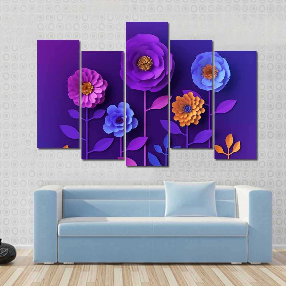 3D Colorful Neon Paper Flowers Canvas Wall Art