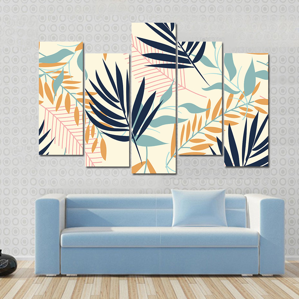 Tropical Leaves Pattern in Navy and Mustard Canvas Wall Art