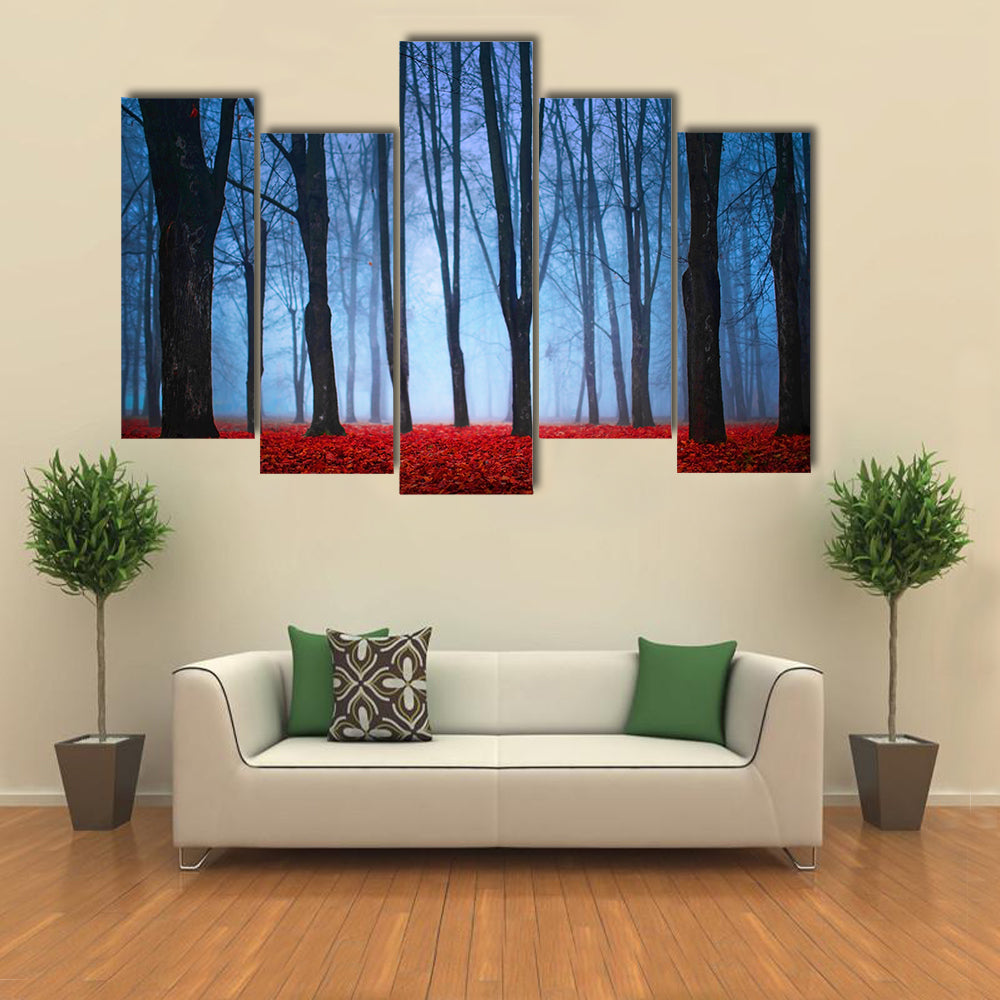 Foggy Autumn Forest with Red Leaves Canvas Wall Art