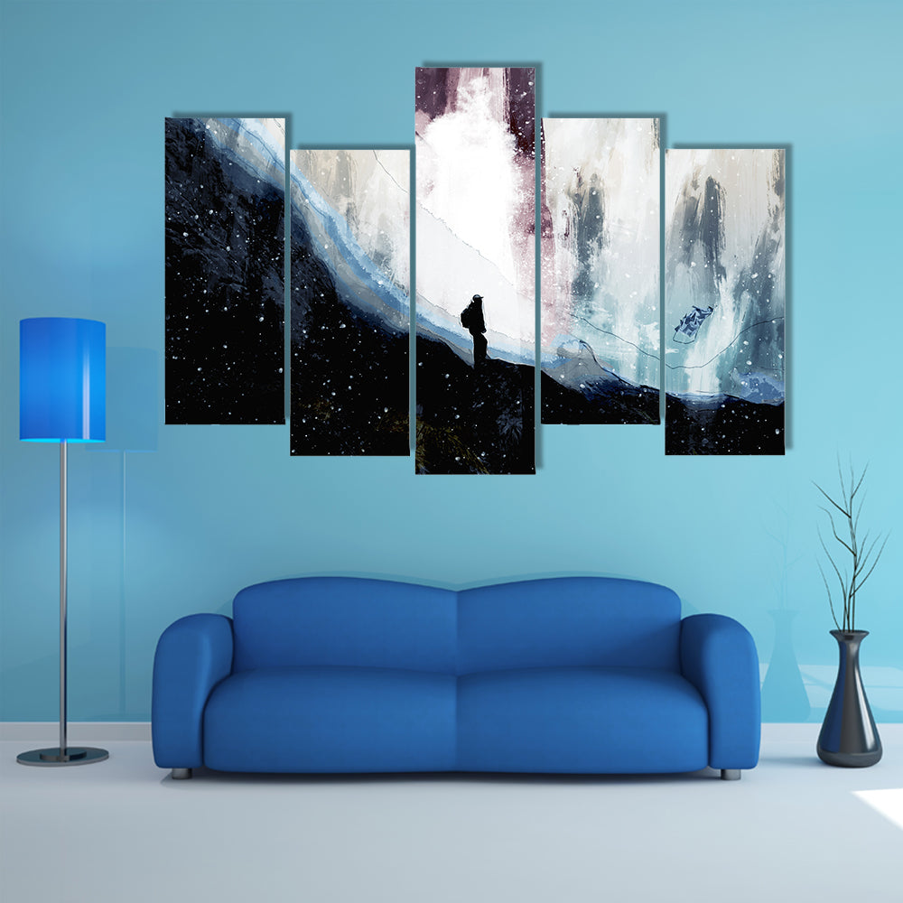 Lone Hiker Beneath Starlit Rift Canvas Wall Art