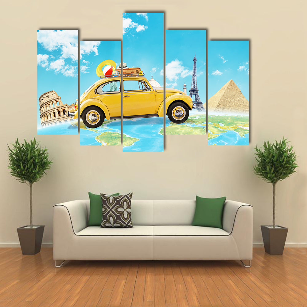 Yellow Vintage Car Over World Map Canvas Wall Art