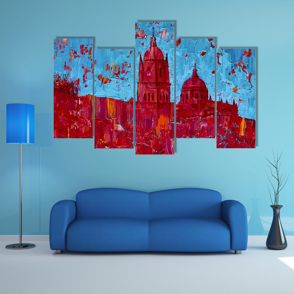 Monochrome Red Cathedral Cityscape Canvas Wall Art