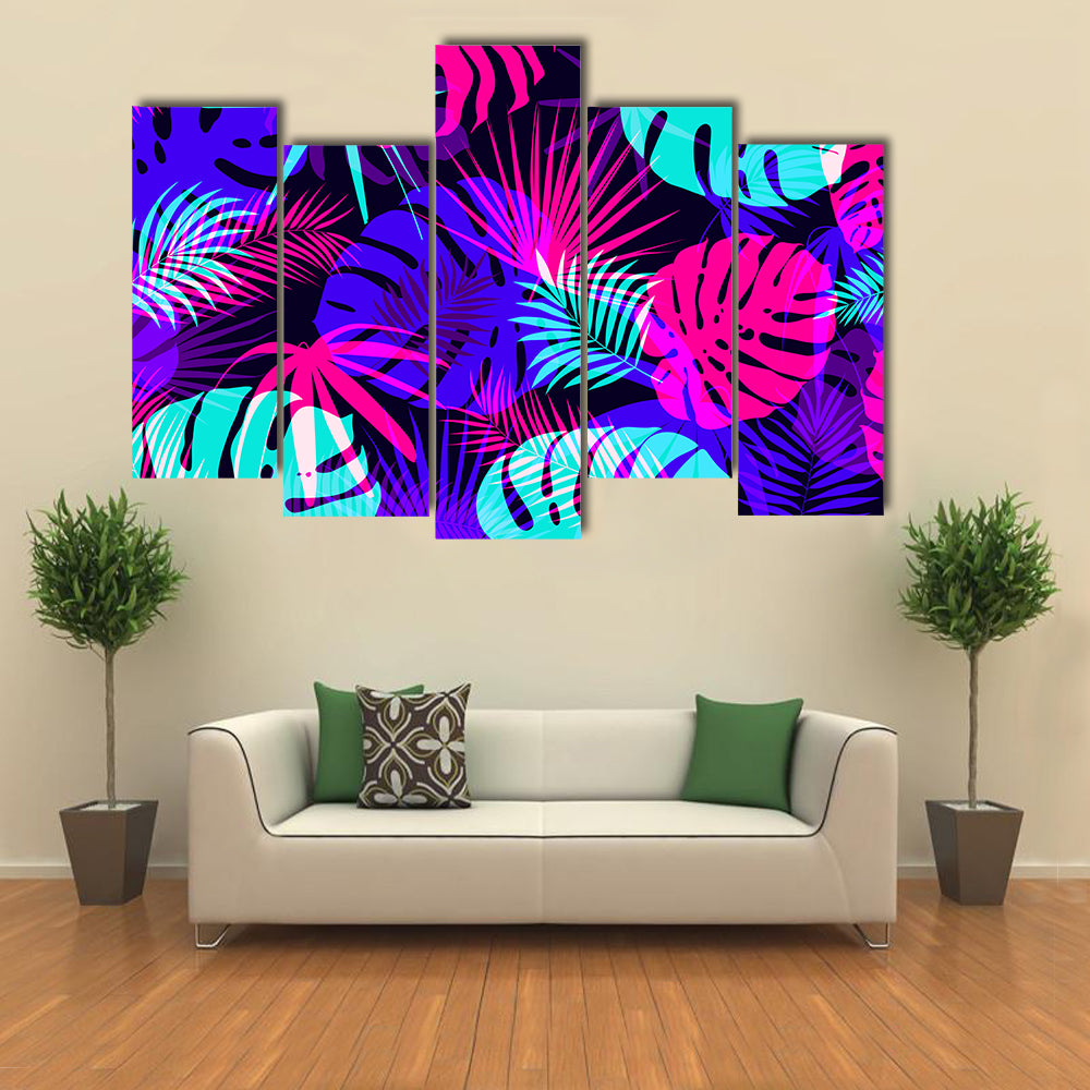 Neon Tropical Leaves Pattern Canvas Wall Art