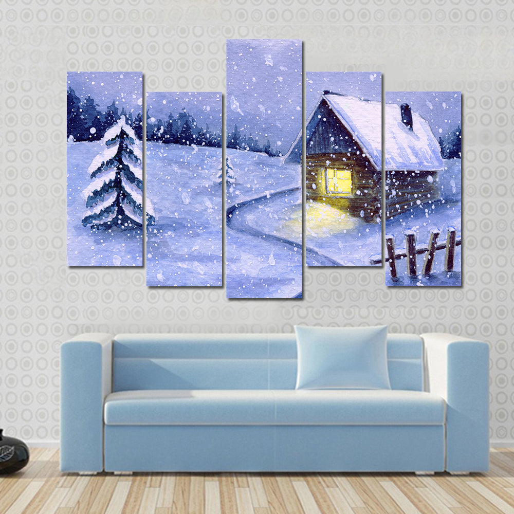 Snowy Cabin with Winding Path Canvas Wall Art