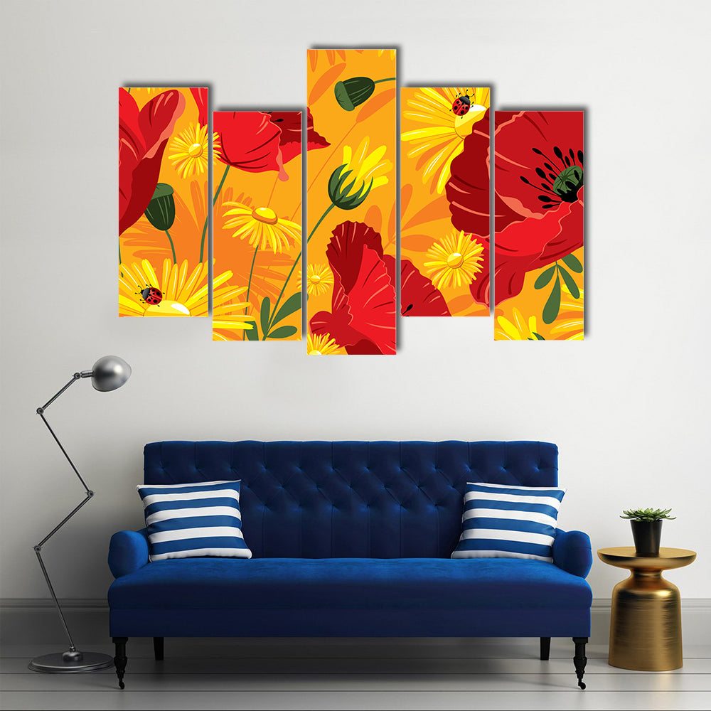 Poppies and Daisies with Ladybugs Canvas Wall Art