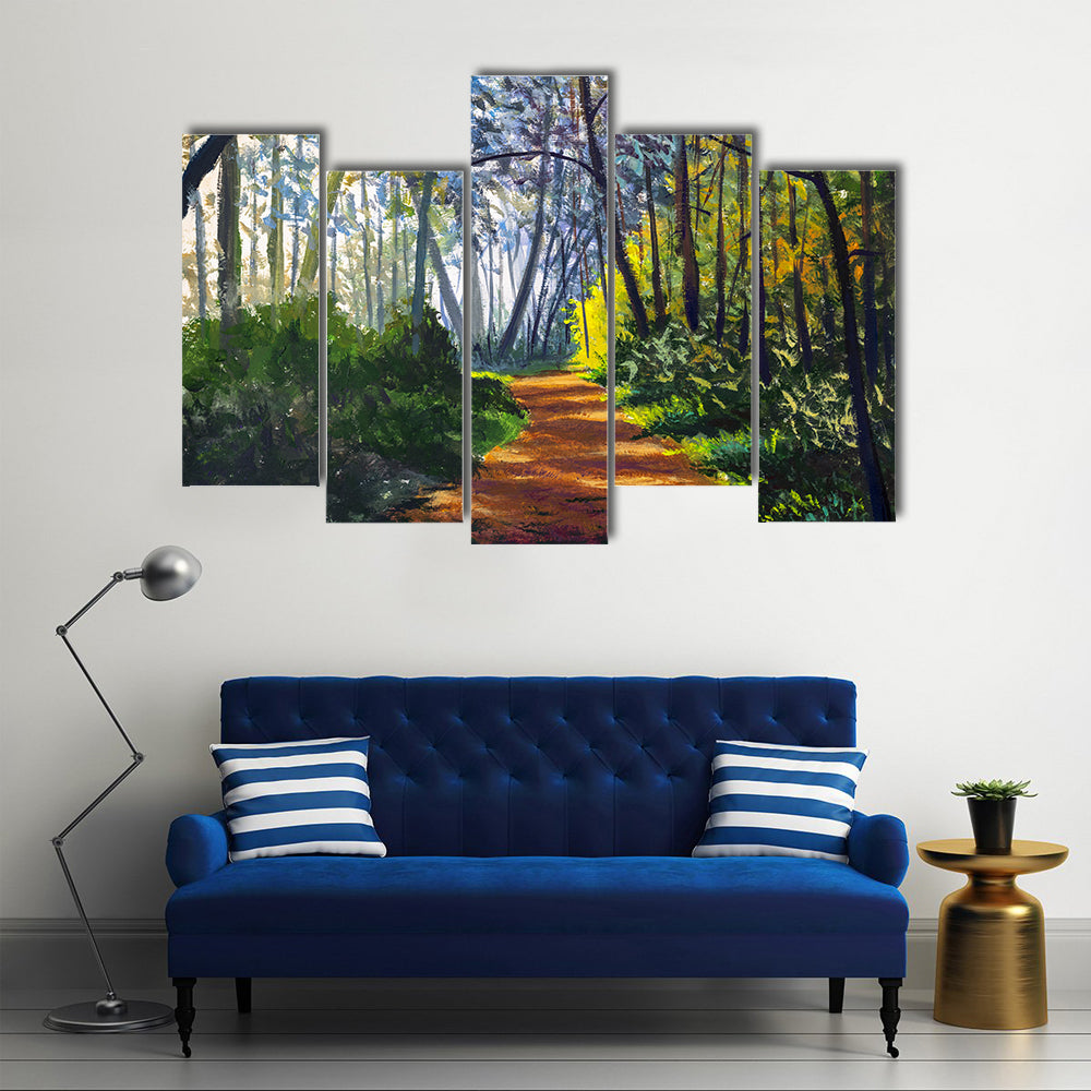 Sunlit Forest Path in Park Canvas Wall Art