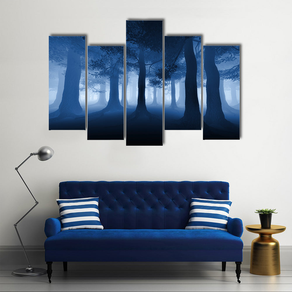 Dark Blue Forest With A Ray Of Light Canvas Wall Art