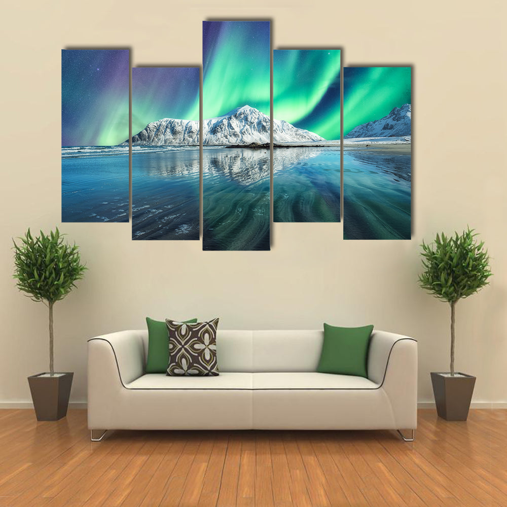 Northern Lights On Snowy Mountain In Lofoten Islands Canvas Wall Art