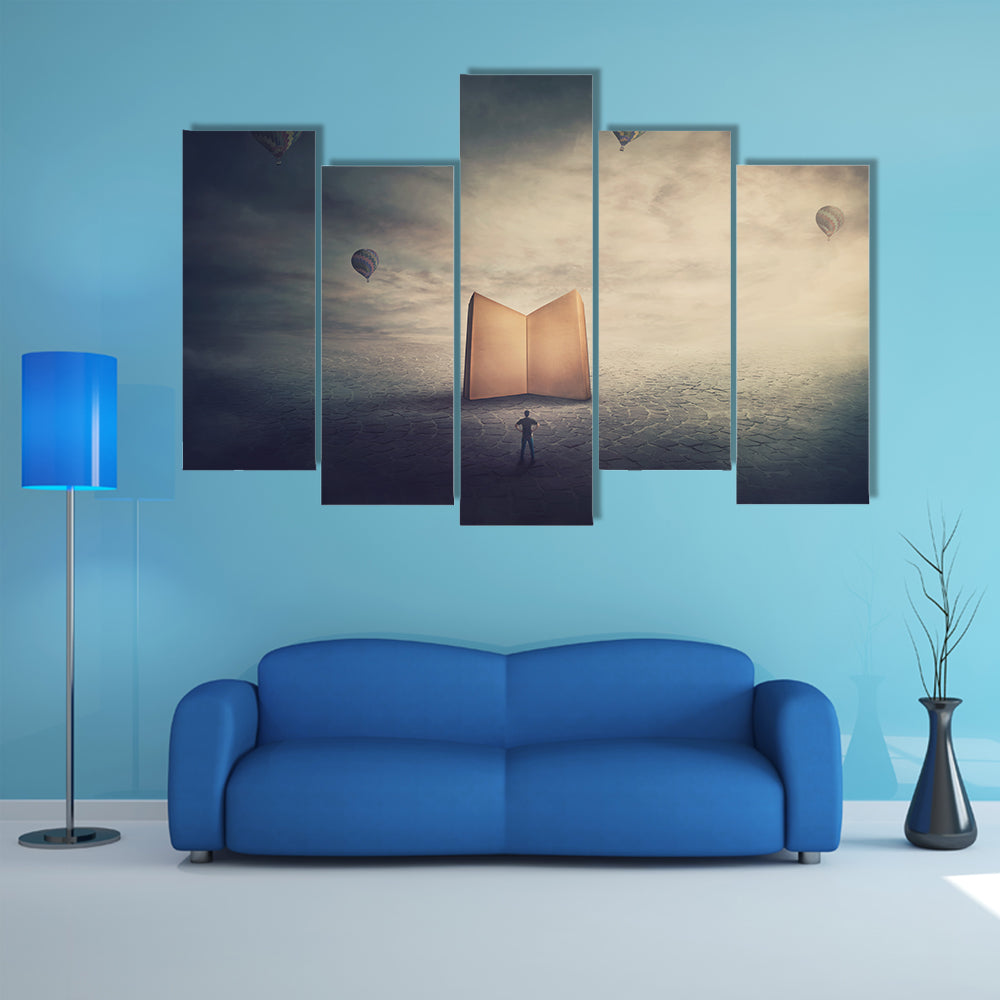 Monolithic Glowing Book Over Parched Desert Canvas Wall Art
