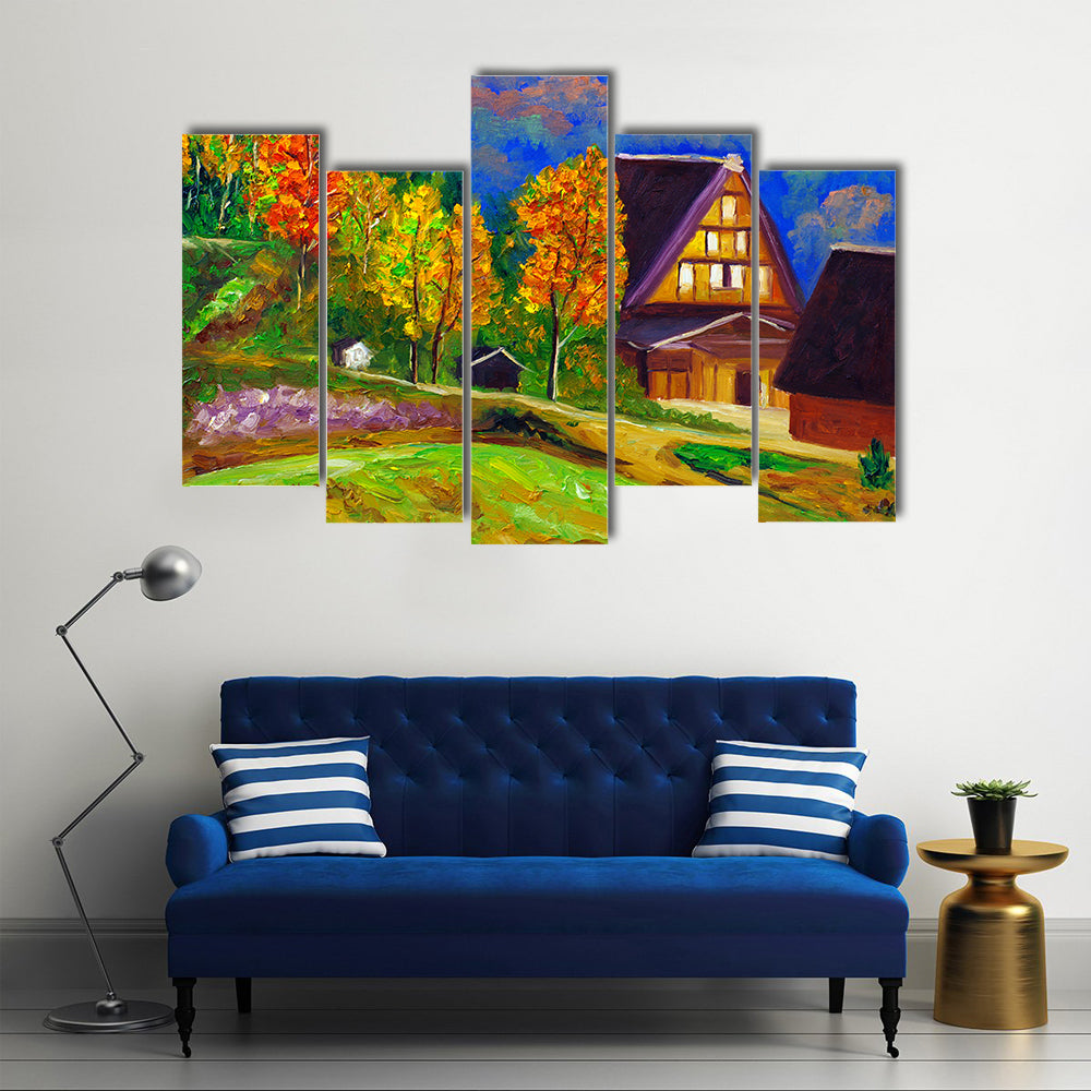 Autumn Gassho-zukuri Village with Glowing Windows Canvas Wall Art