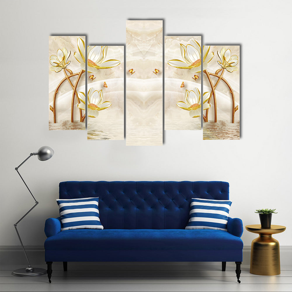 Gold-edged Lotus and Butterflies Illustration Canvas Wall Art