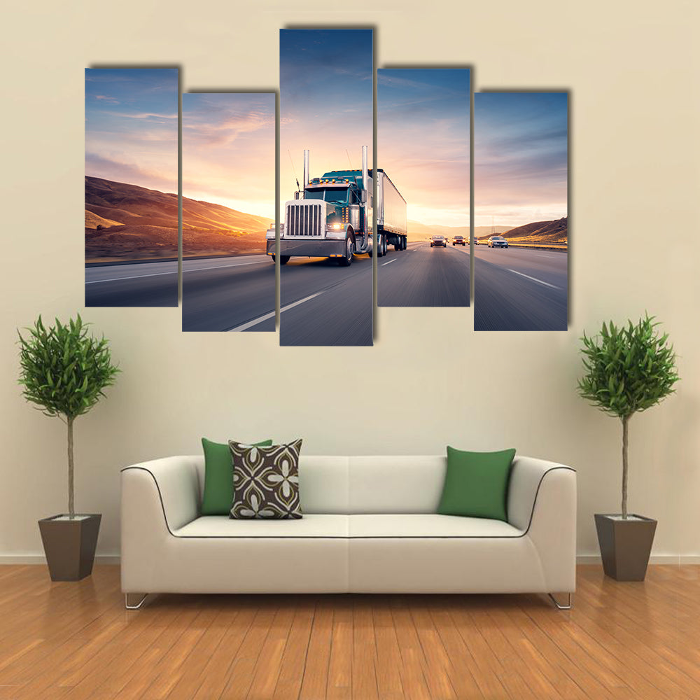 American Style Truck On Freeway Pulling Load Canvas Wall Art