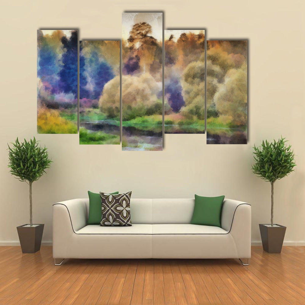 Autumn Watercolor Forest with River Canvas Wall Art