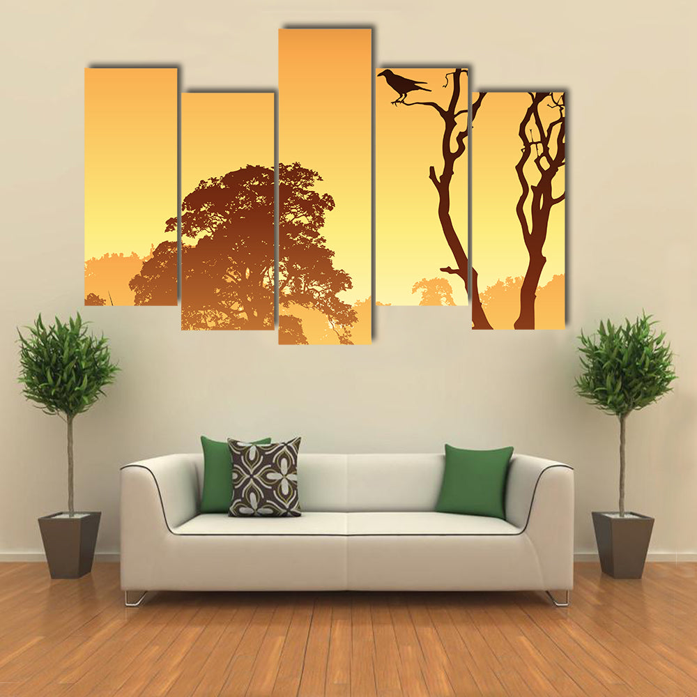 Country Meadow Landscape With Trees And Bird Canvas Wall Art