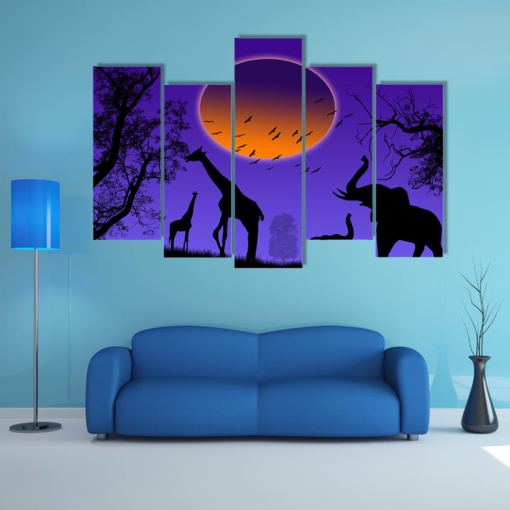 Moonlit Jungle Animal Silhouettes Canvas Wall Art
