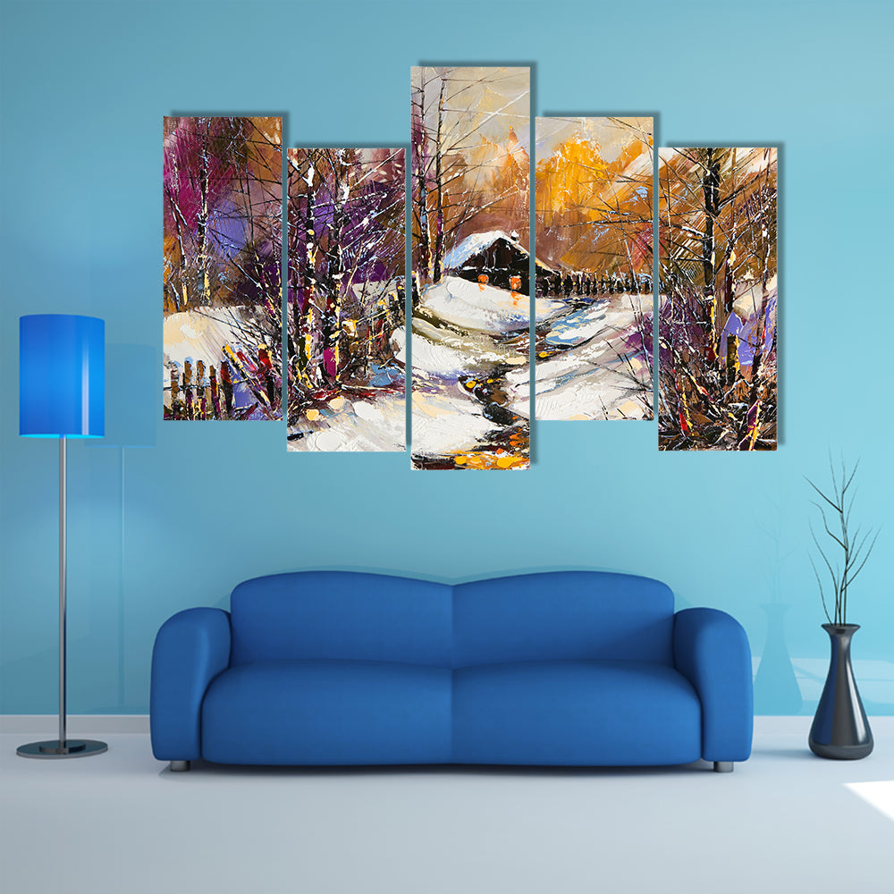 Rural Winter Landscape with Cabin Canvas Wall Art