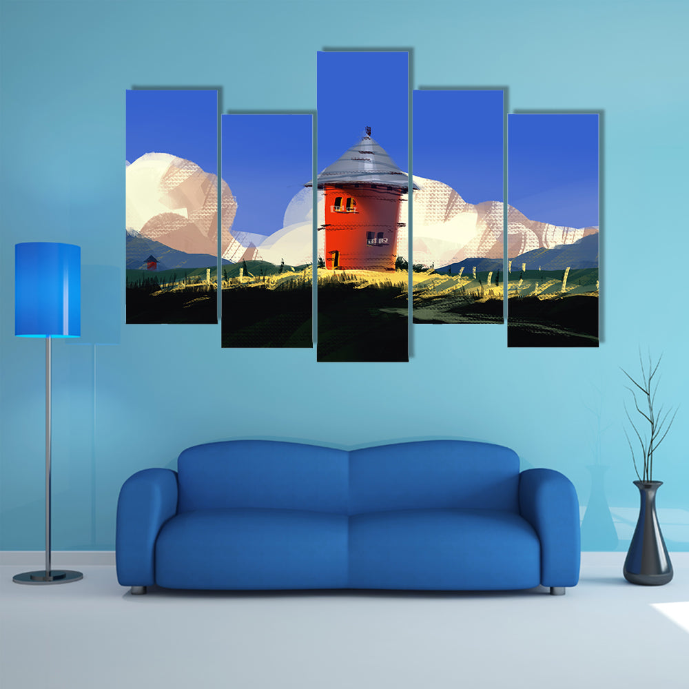 Red Tower on Grassy Hill Canvas Wall Art