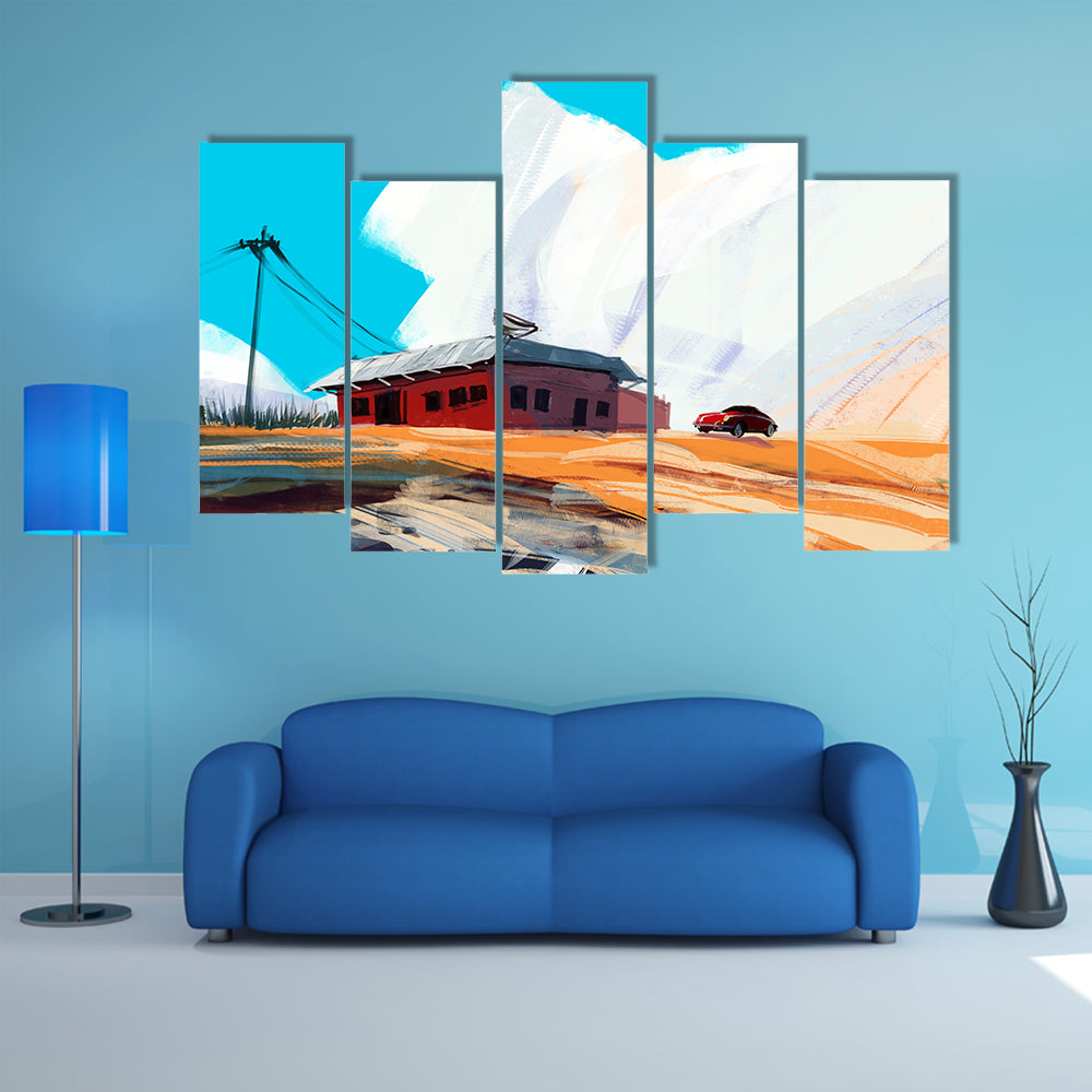 Red House and Vintage Car in Desert Canvas Wall Art