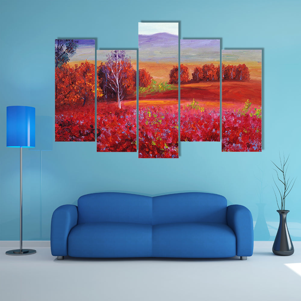 Red Flower Field with White Birch Canvas Wall Art