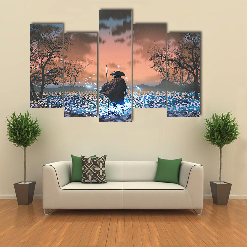 Ancient Samurai in Flowered Meadow Canvas Wall Art