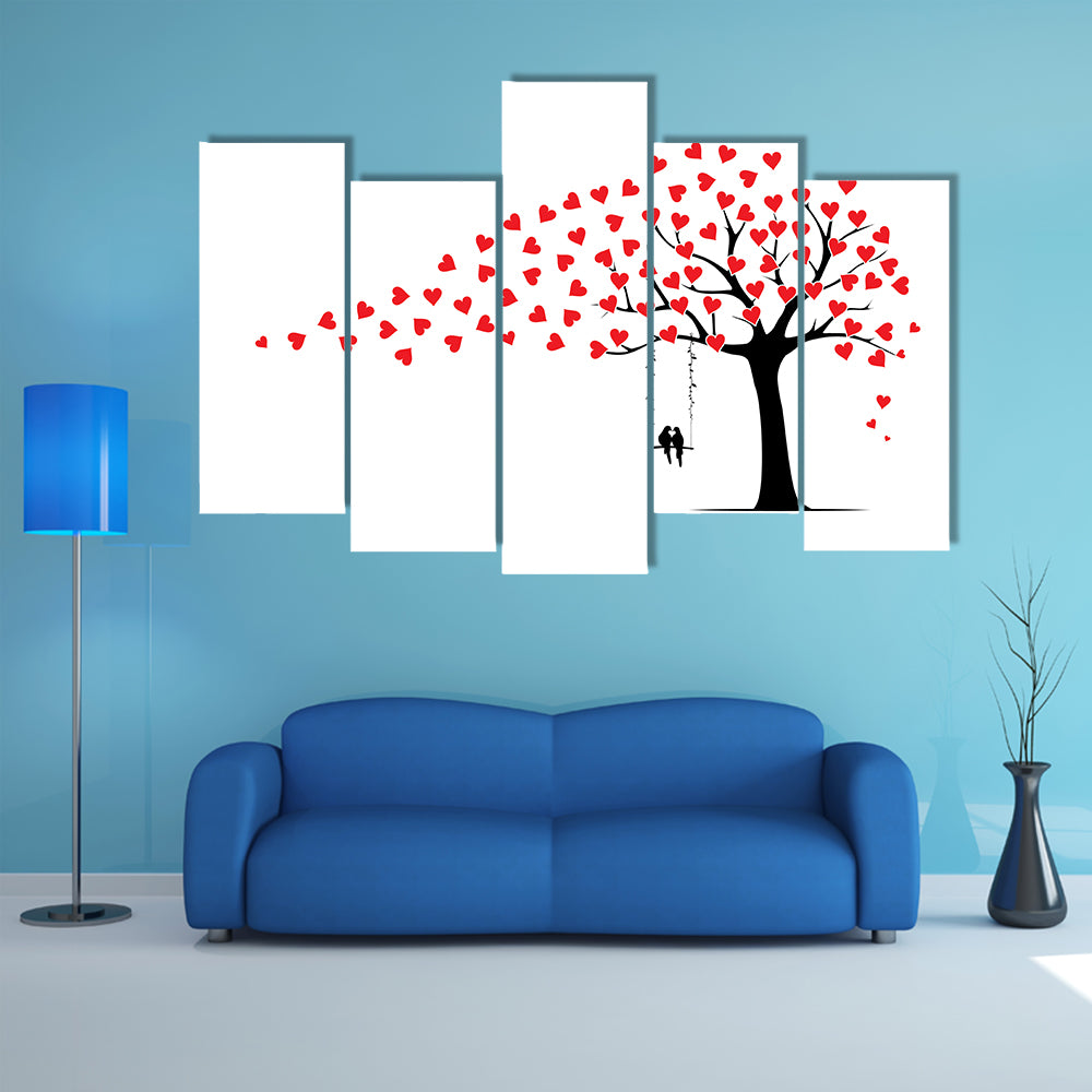 Tree with Heart Leaves and Couple on Swing Canvas Wall Art