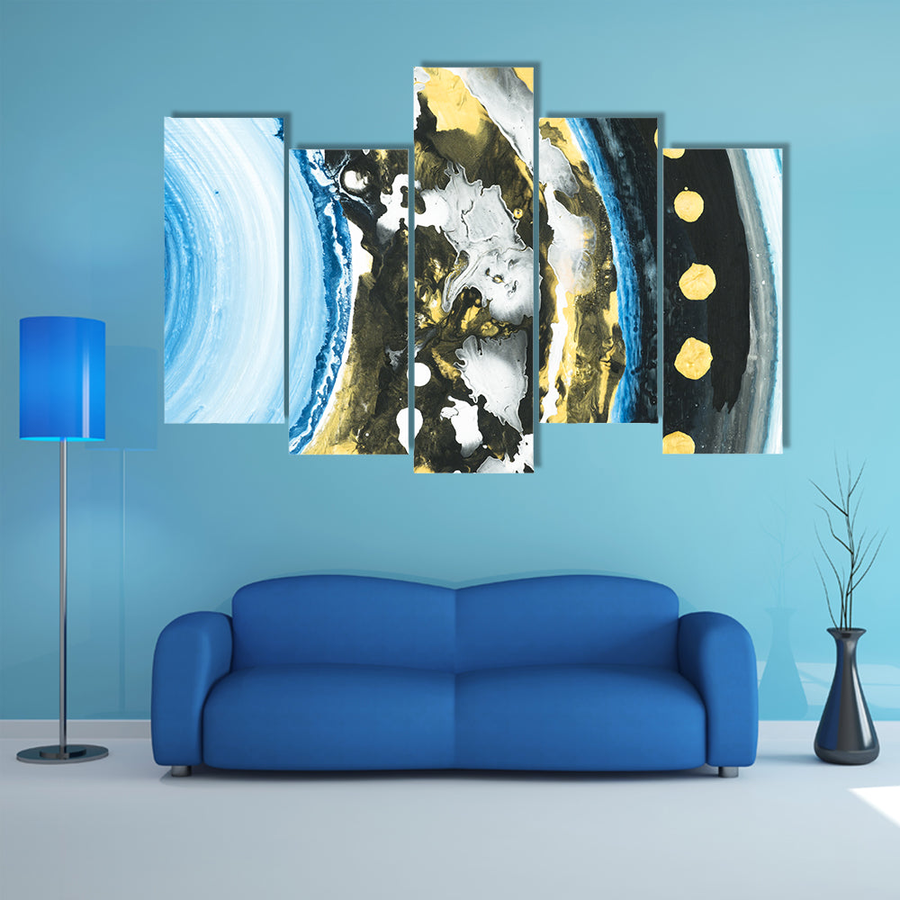 Blue and Black Abstract with Gold Dots Canvas Wall Art
