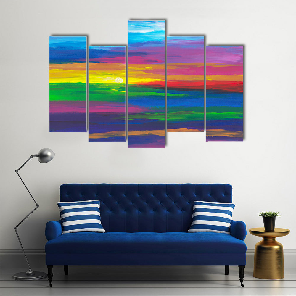 Abstract Sunset Landscape with Impasto Sun Canvas Wall Art