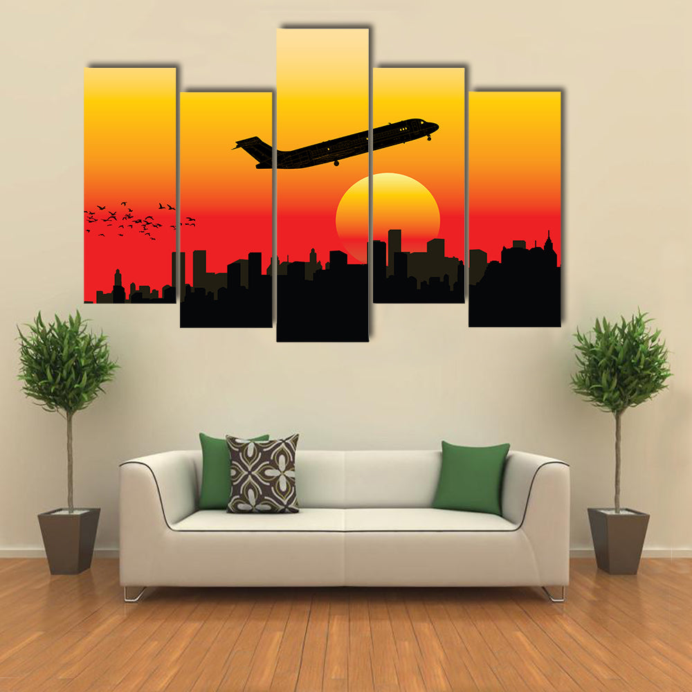 Passenger Jet Silhouette at Sunset Canvas Wall Art