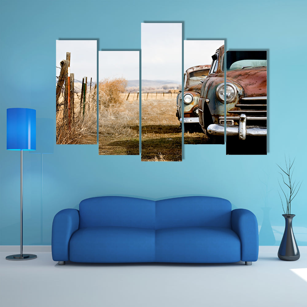 Rusty Vintage Cars in Rural Field Canvas Wall Art