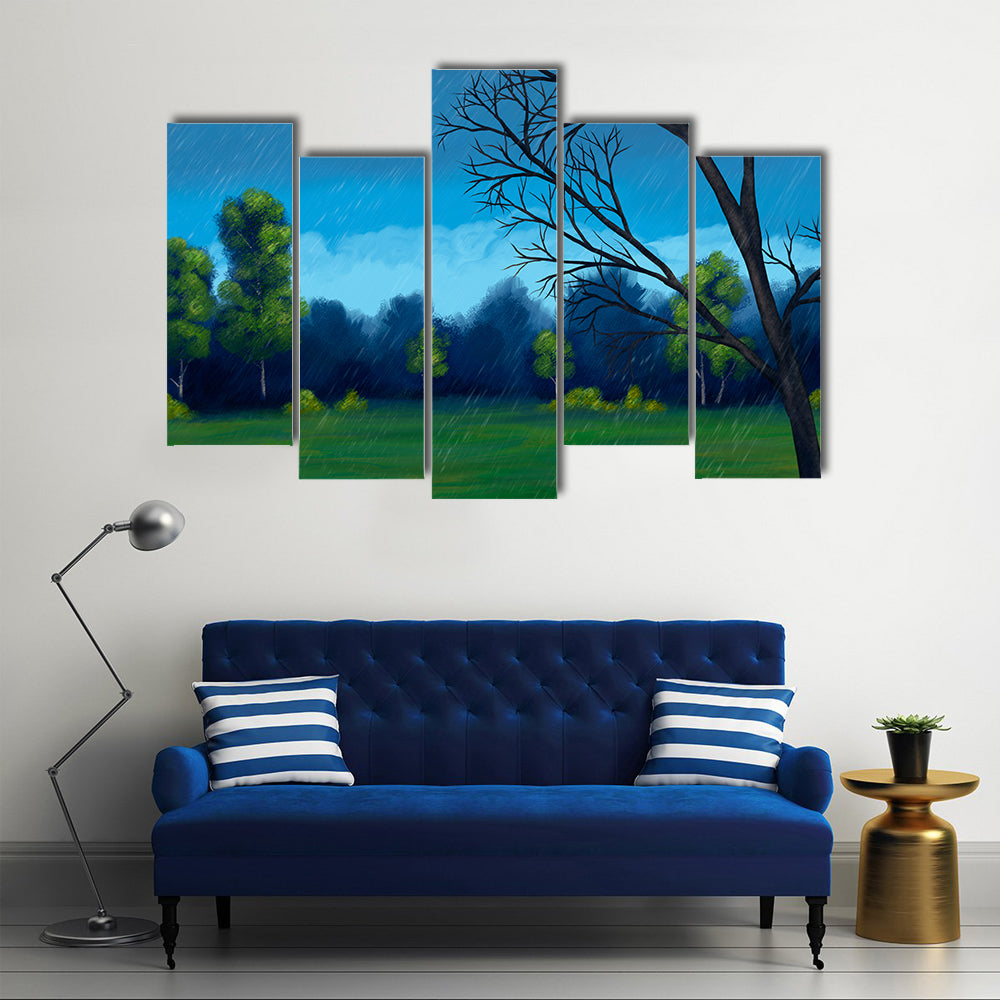 Rainy Green Field with Bare-branched Tree Canvas Wall Art