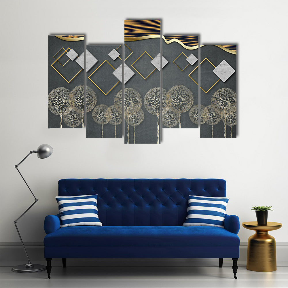 Geometric Trees with Gold Wave and Marble Diamonds Canvas Wall Art