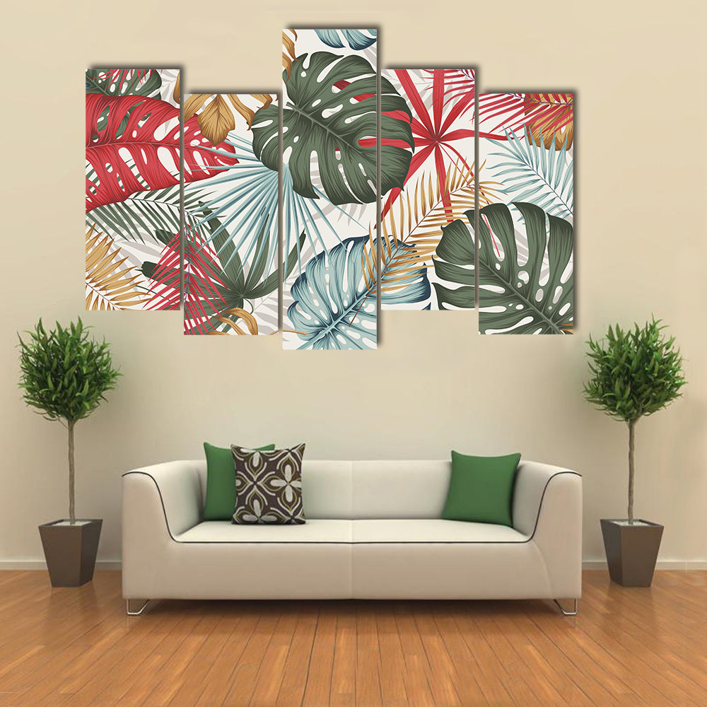 Seamless Colorful Monstera and Palm Leaves Canvas Wall Art