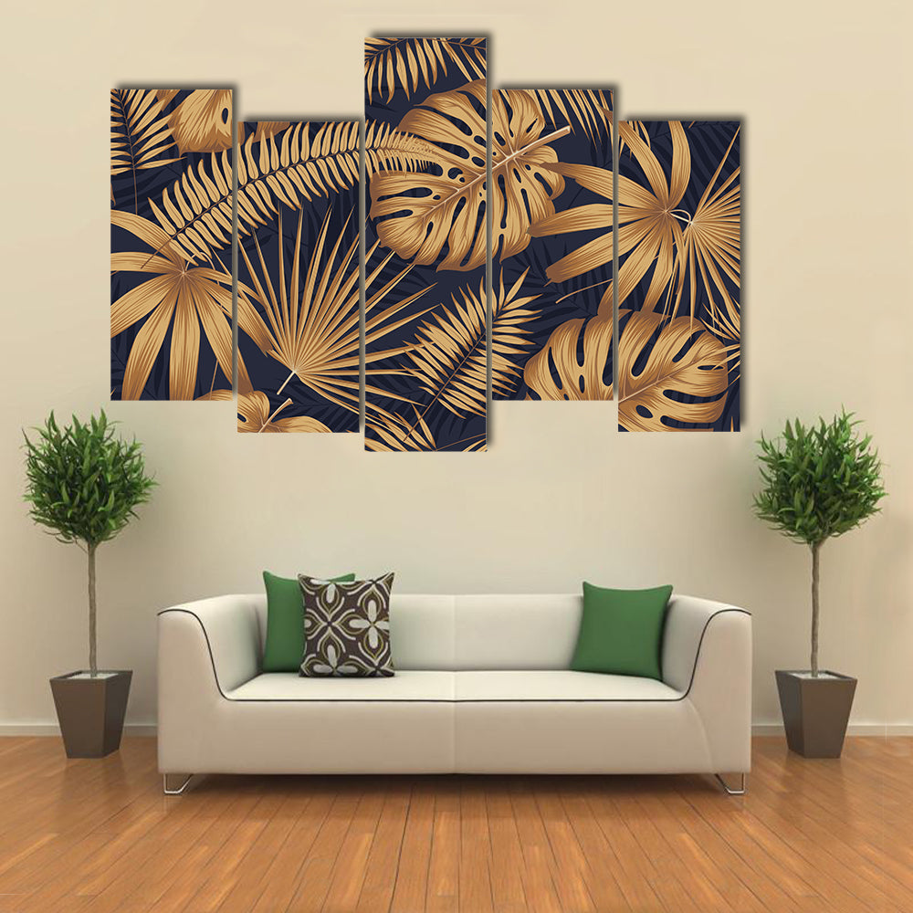 Golden Monstera and Palm Leaves Canvas Wall Art