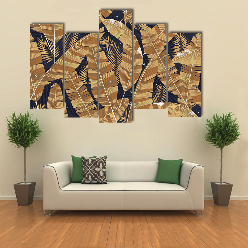 Banana Leaves Pattern in Navy and Gold Canvas Wall Art
