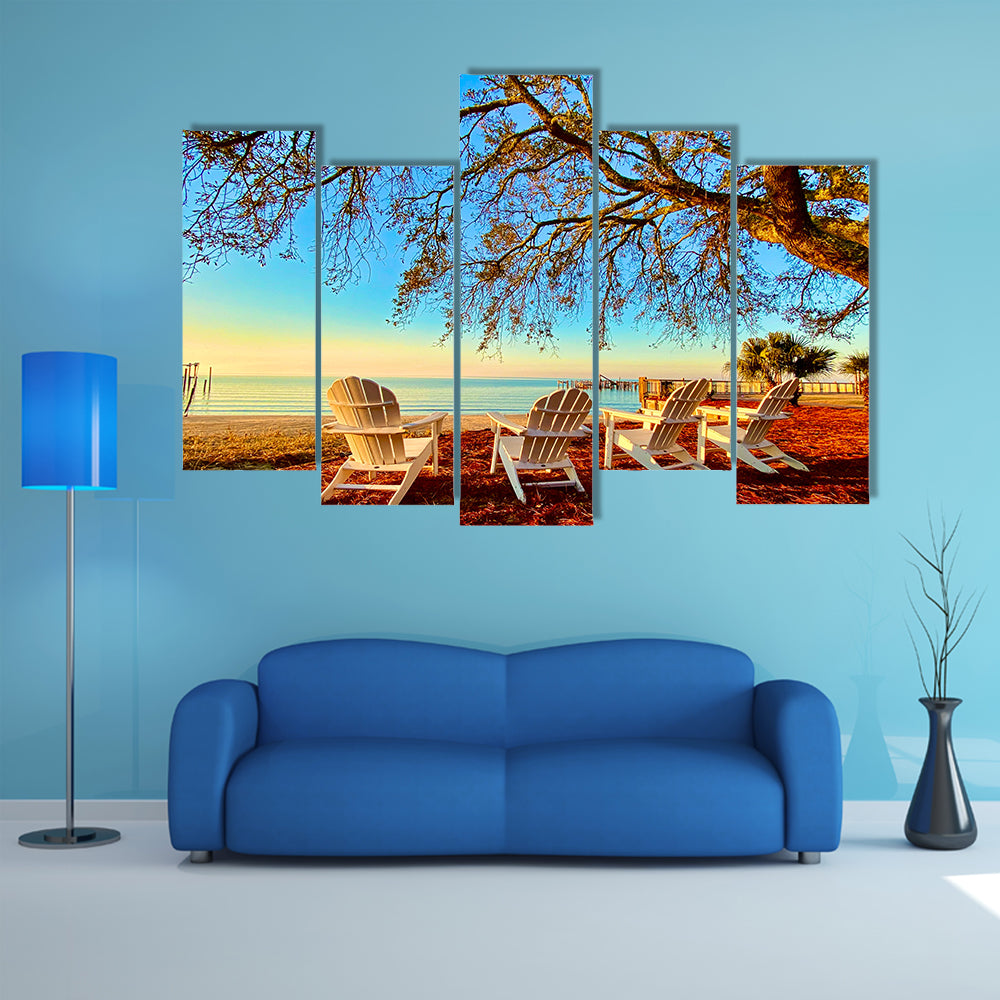Four White Adirondack Chairs at Sunset Canvas Wall Art