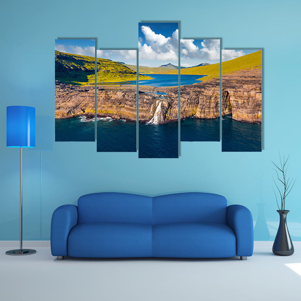 Bosdalafossur Waterfall And Sorvagsvatn Lake In Denmark Canvas Wall Art