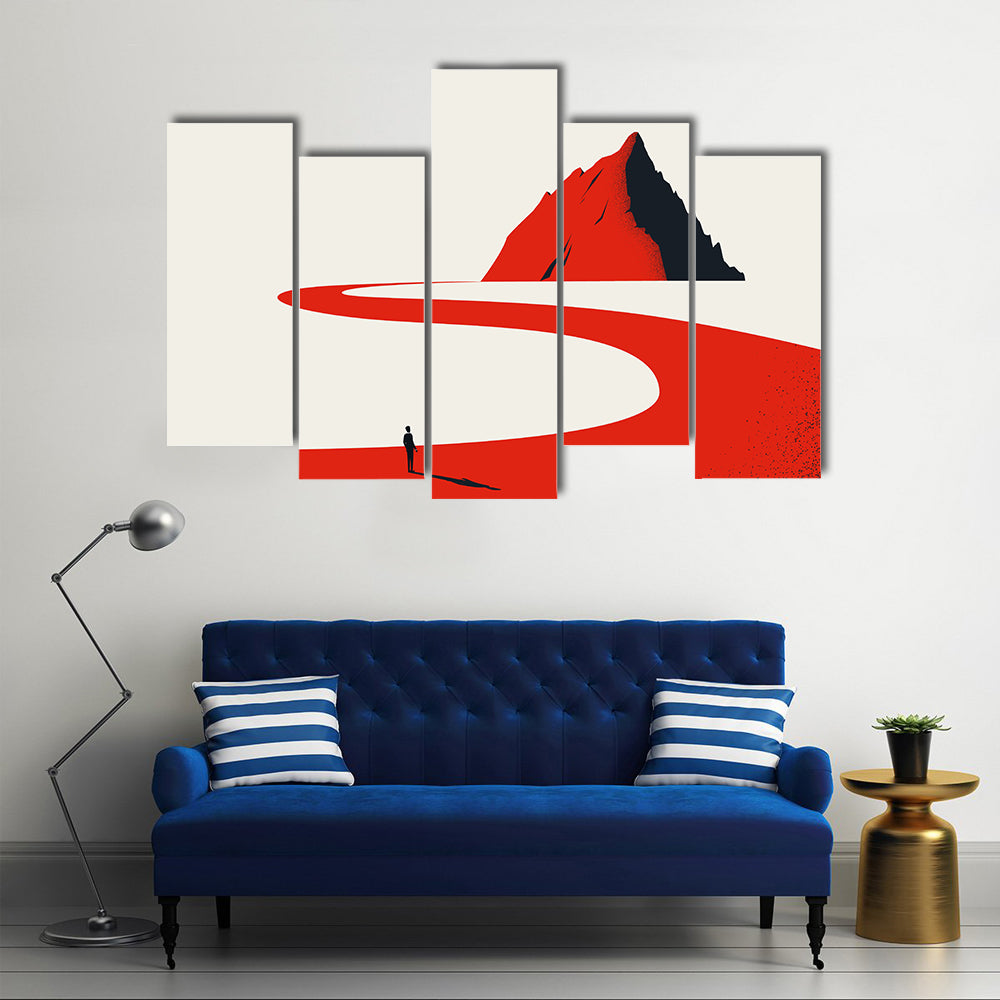 Solitary Figure on Red Path to Geometric Mountain Canvas Wall Art