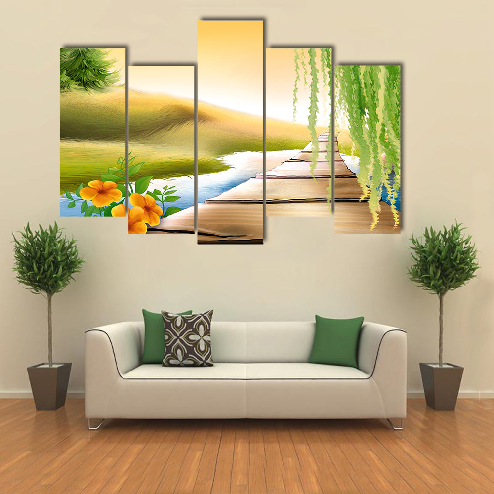 Wooden Footbridge Over Meadow Stream Canvas Wall Art
