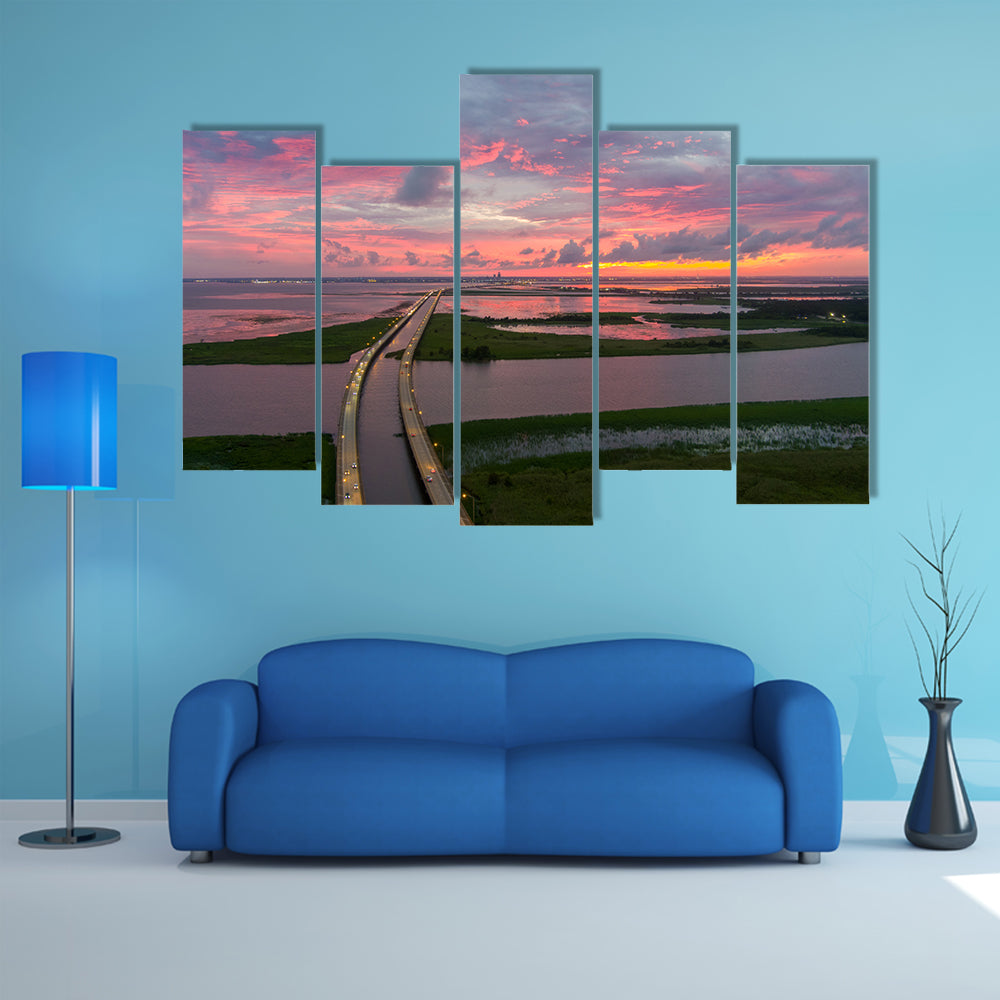 Sunset Over Coastal Bridge Canvas Wall Art