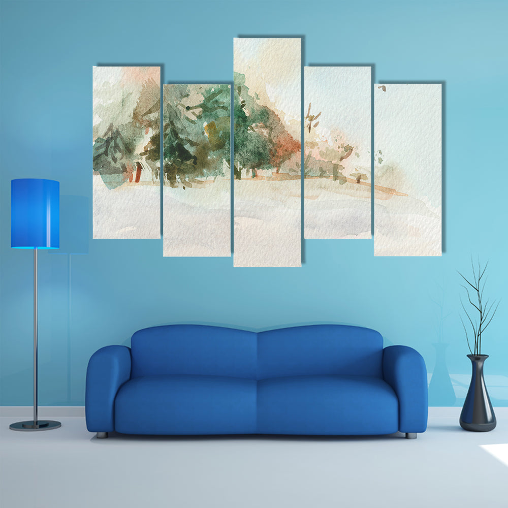 Misty Morning Landscape with Trees Canvas Wall Art
