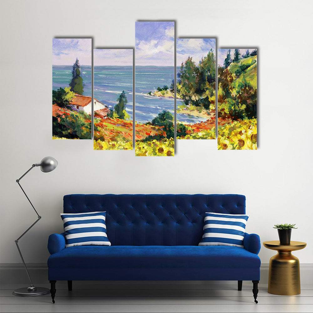 Sunflower Cottage by the Sea Canvas Wall Art