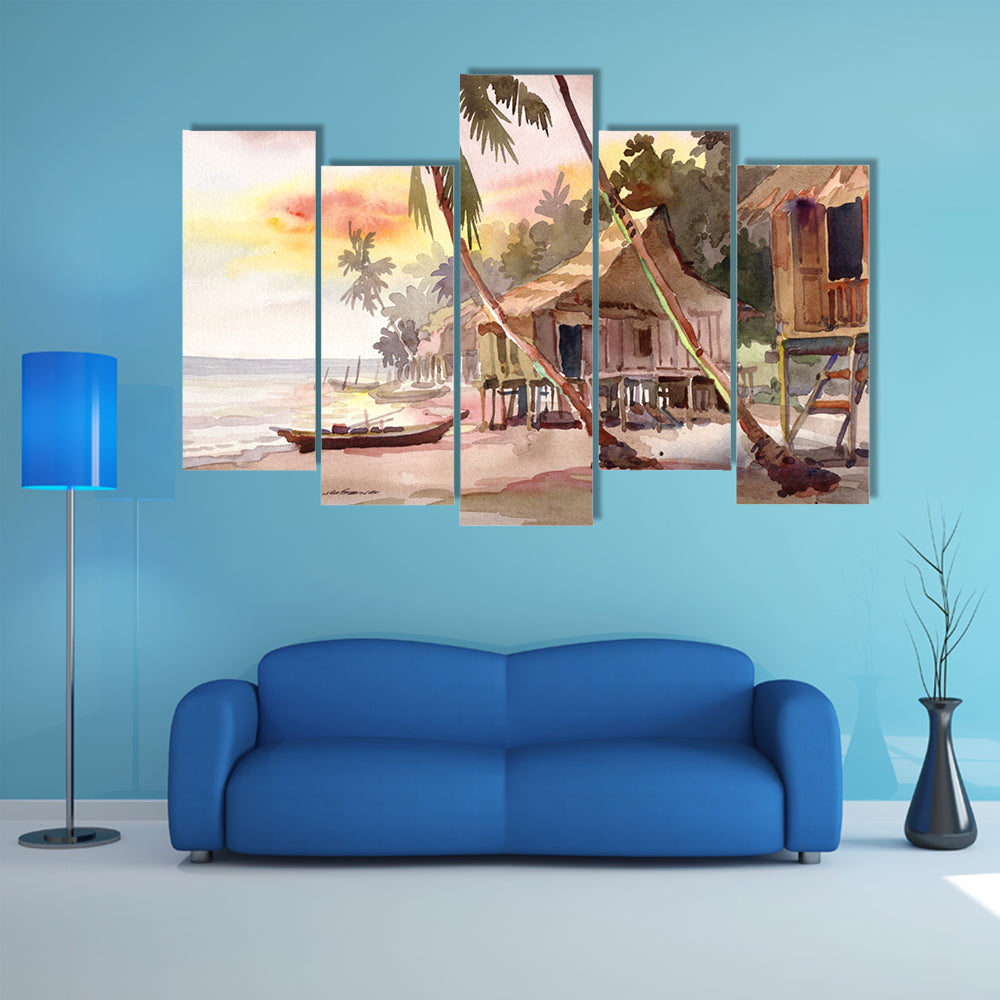 Watercolor Stilt Houses at Sunset Canvas Wall Art