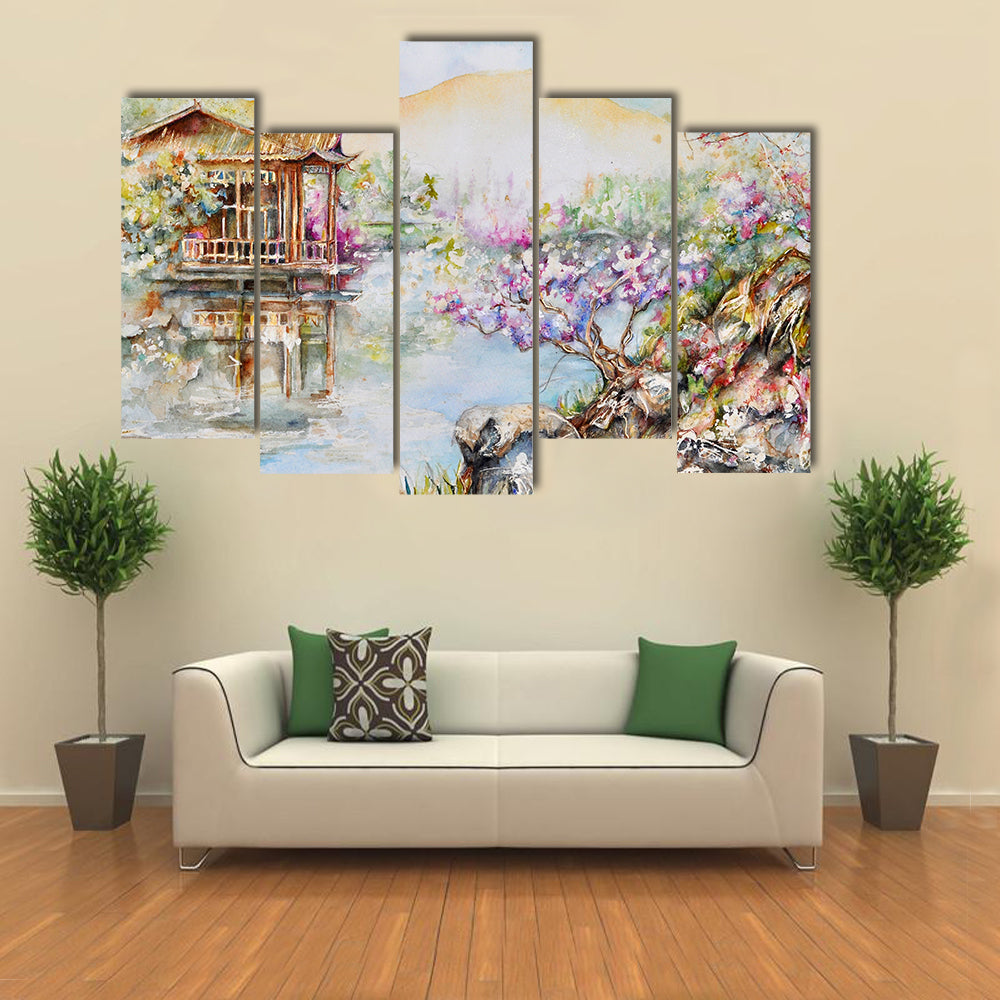 West Lake Stilt House with Pink Blossoms Canvas Wall Art