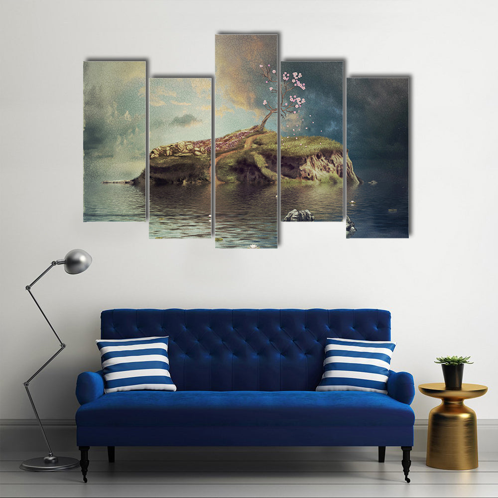 Calm River Island at Dusk Canvas Wall Art